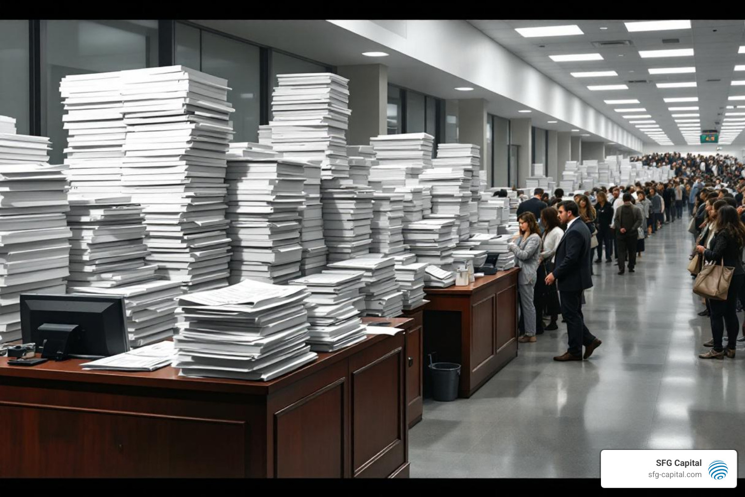 long queue or desk piled high with paperwork labeled "Form 941-X" - ERC processing time long queue or desk piled high with paperwork labeled "Form 941-X" - ERC processing time