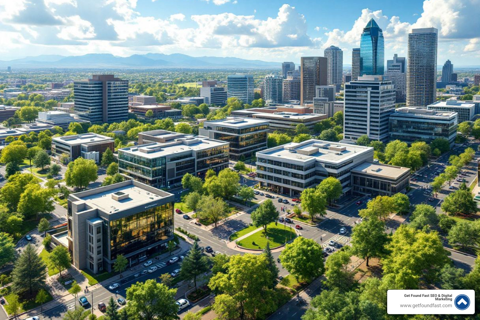 A busy office park in the Denver Tech Center with modern buildings and green spaces - seo company denver tech center