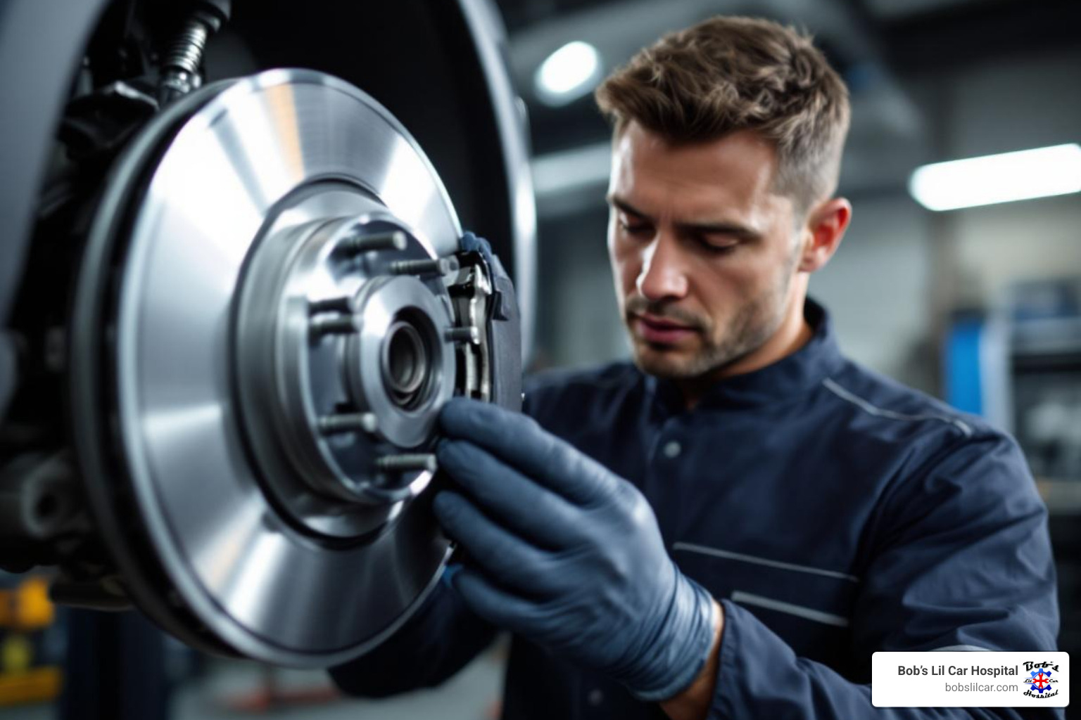 Technician inspecting a brake rotor and pad assembly on a Mercedes-Benz GLC - mercedes glc brake pad replacement cost