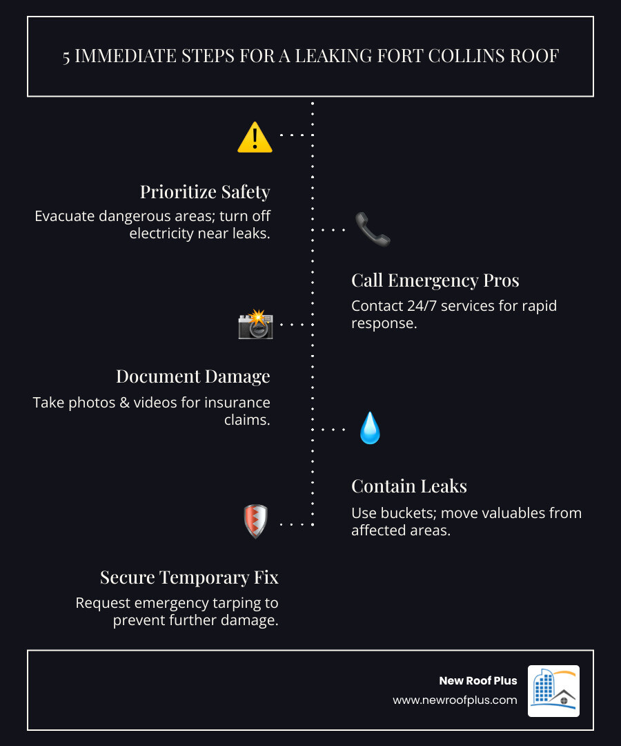 Infographic showing the 5 immediate steps when your Fort Collins roof is leaking: 1) Ensure safety and turn off electricity in affected areas, 2) Call 24/7 emergency roofing services for professional help, 3) Document all damage with photos and video for insurance, 4) Contain water with buckets and protect belongings, 5) Request emergency tarping to prevent further damage until permanent repairs - emergency roof repair fort collins infographic infographic-line-5-steps-dark