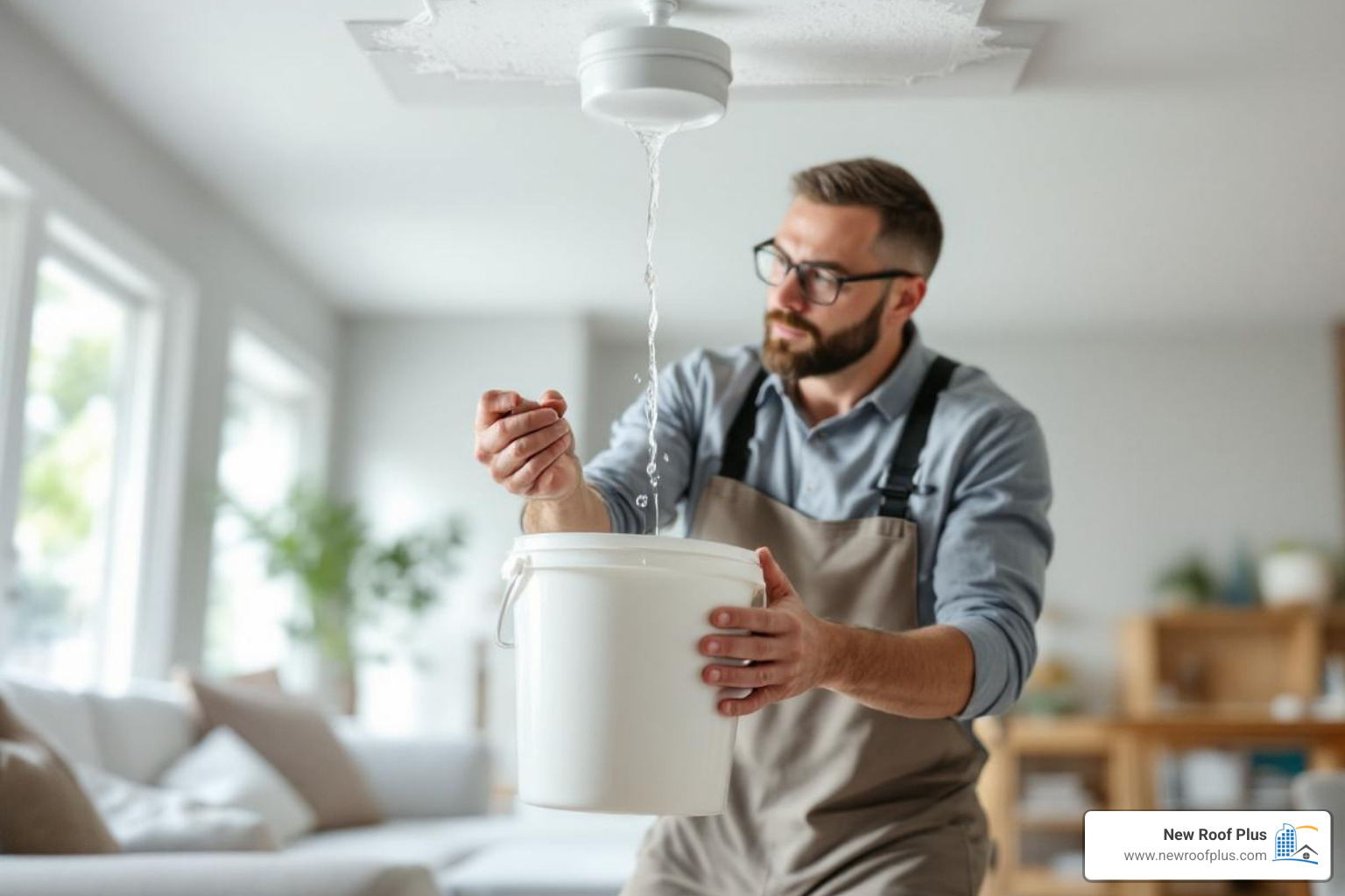 A homeowner safely placing a bucket under a ceiling leak, with furniture moved away - emergency roof repair fort collins
