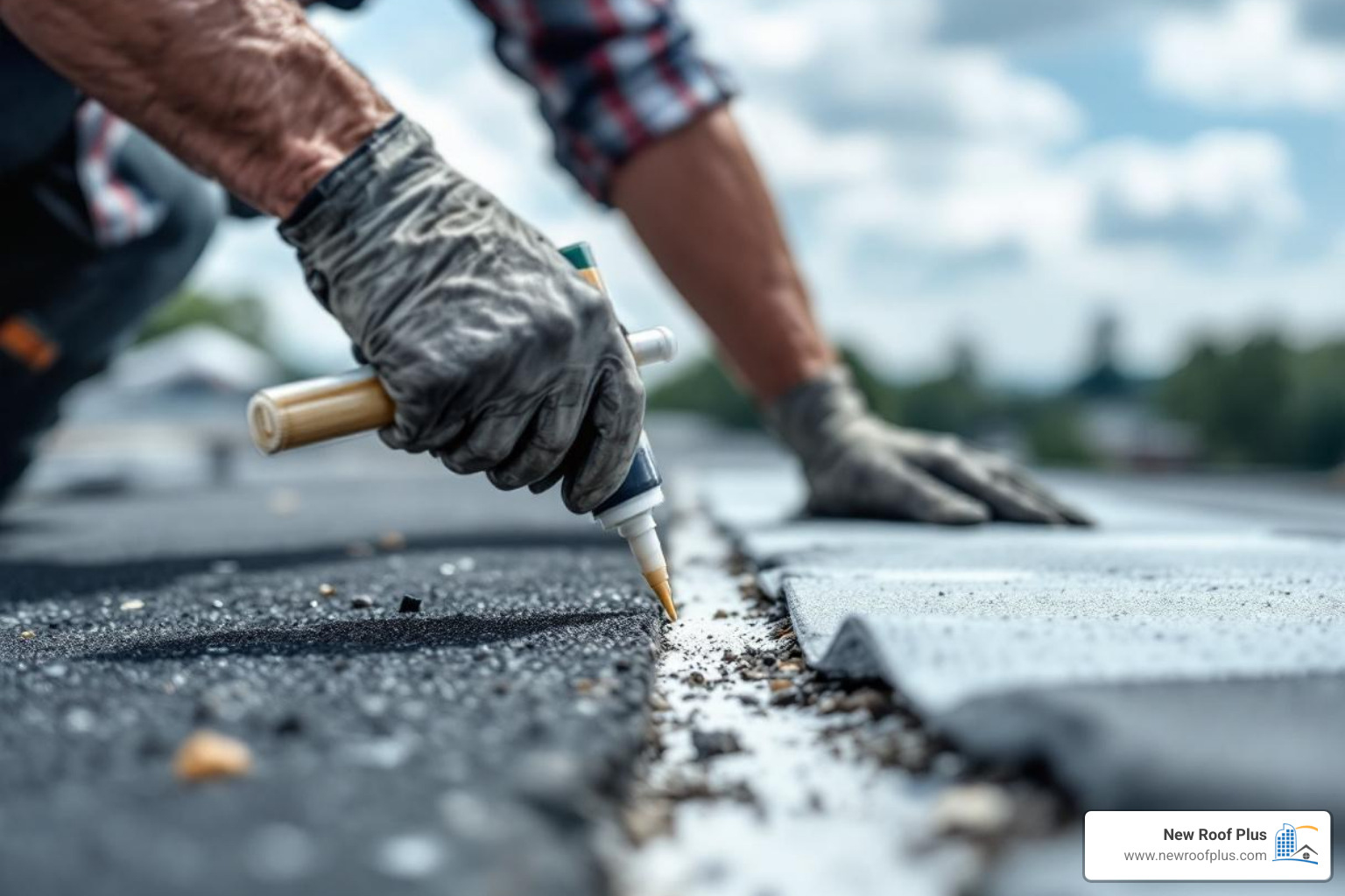 professional roofer applying sealant to a flat roof seam - flat roof repair company professional roofer applying sealant to a flat roof seam - flat roof repair company