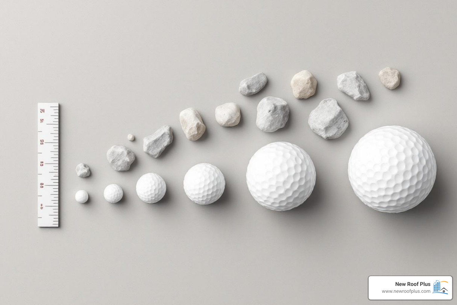Various sizes of hail next to a ruler for scale - hail damage on shingle roof Various sizes of hail next to a ruler for scale - hail damage on shingle roof