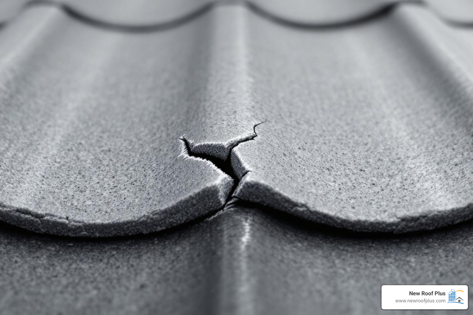 close-up of a crescent-shaped fracture on a tile edge - hail damage concrete tile roof