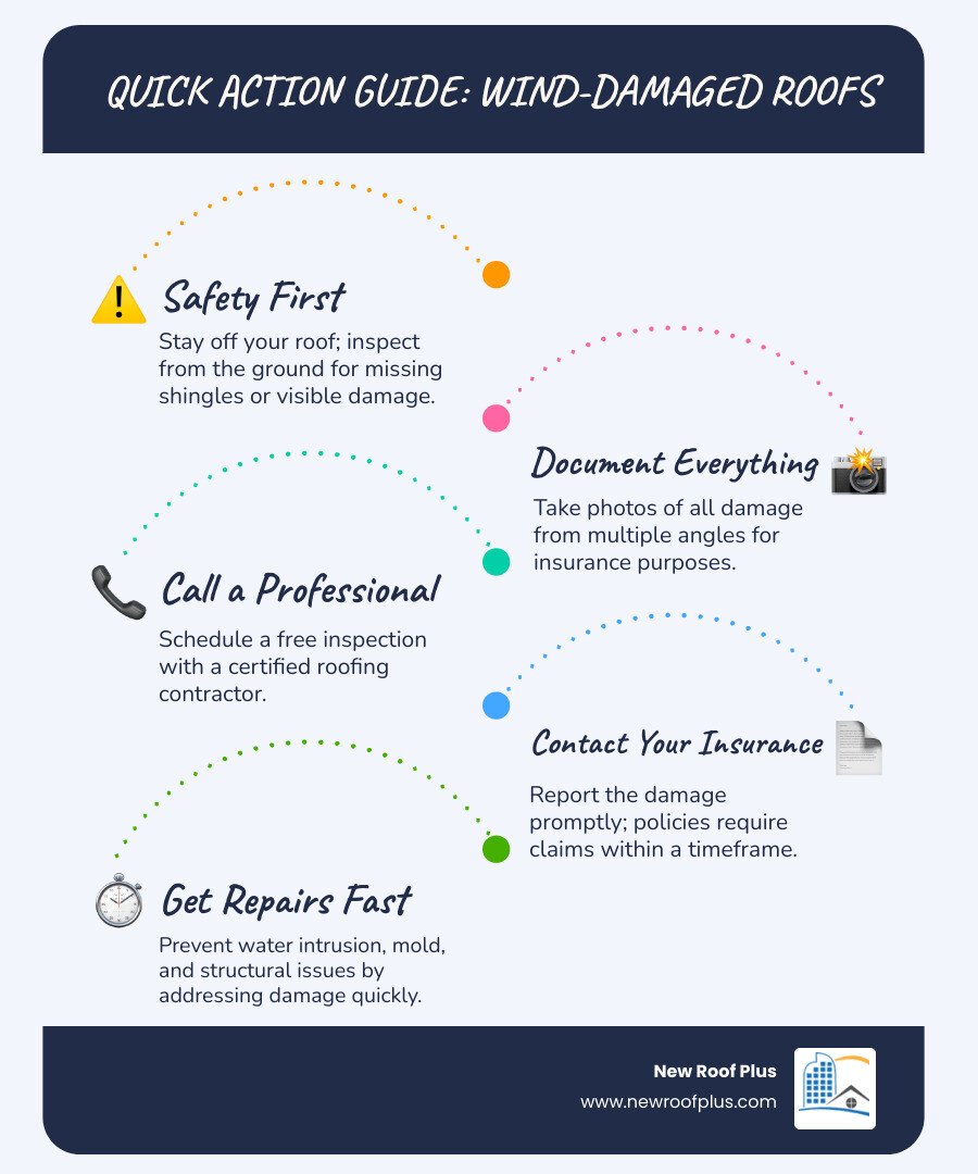 Infographic showing the Denver wind damage roof repair process from initial storm damage through inspection, insurance claim, repair decision, and final restoration with timeline and key steps - denver wind damage roof repair infographic infographic-line-5-steps-blues-accent_colors