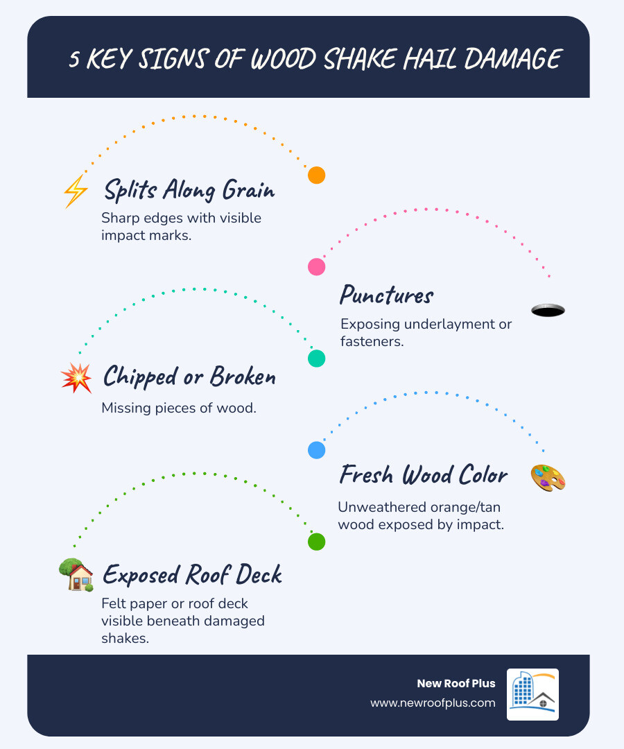Infographic showing the 5 key signs of wood shake roof hail damage: 1) Splits along grain with sharp edges and visible impact marks, 2) Punctures exposing underlayment or fasteners, 3) Chipped or broken pieces with missing wood, 4) Impact marks showing fresh unweathered wood color (orange/tan vs gray), 5) Exposed roof deck or felt paper beneath damaged shakes - wood shake roof hail damage infographic infographic-line-5-steps-blues-accent_colors