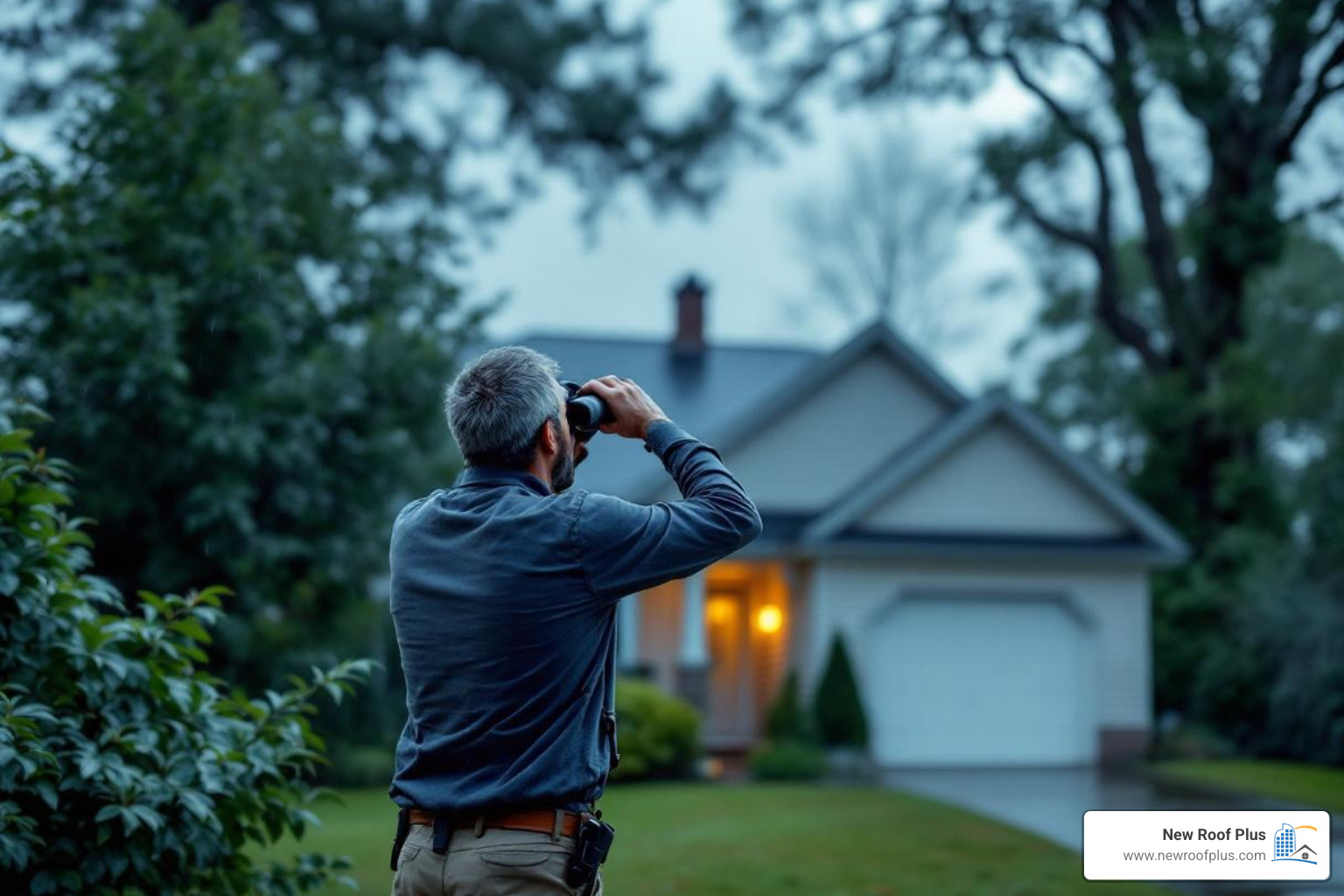 homeowner safely inspecting roof from binoculars - wood shake roof hail damage