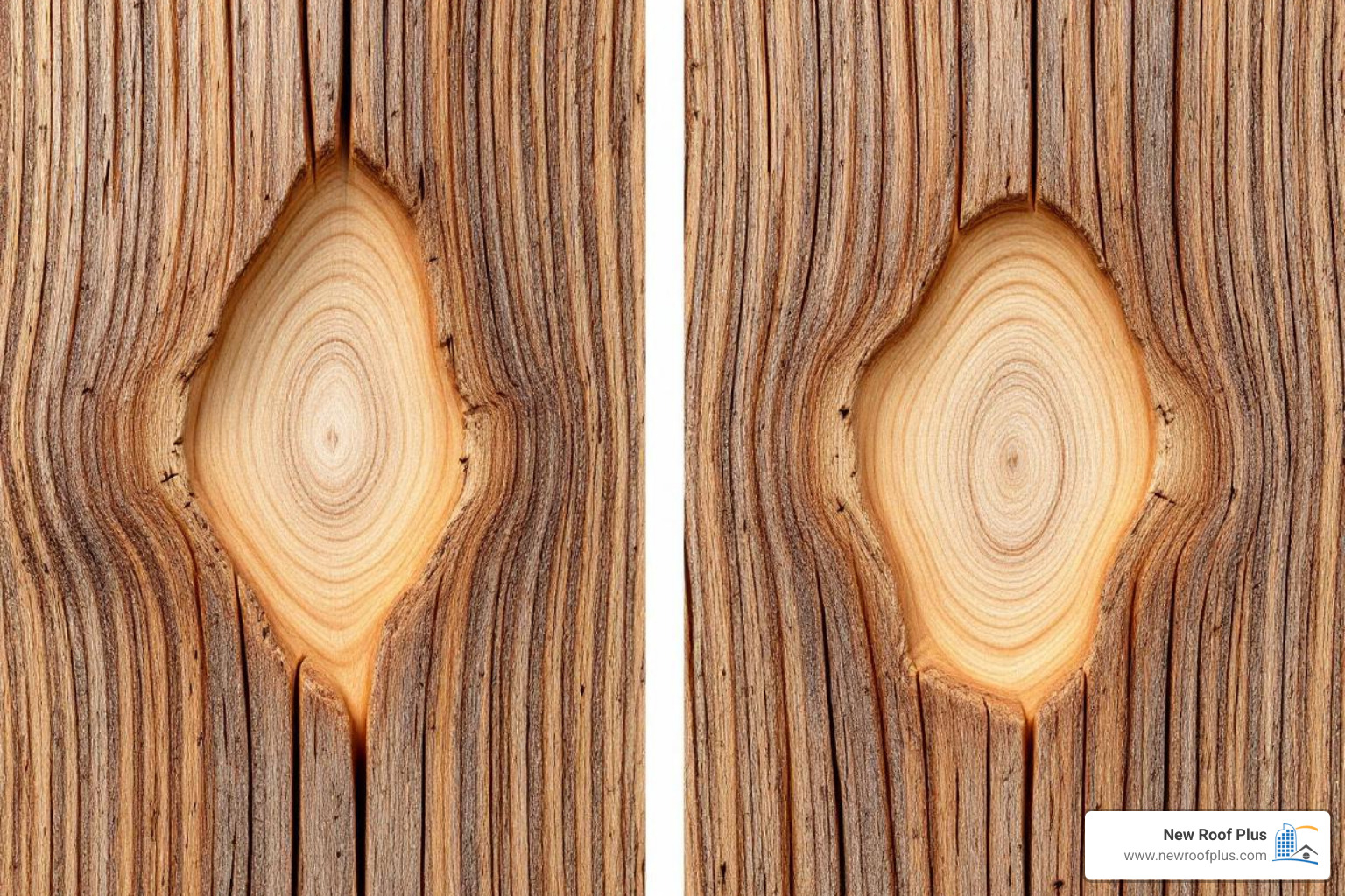 close-up of hail-split shake vs. superficially dented shake - wood shake roof hail damage
