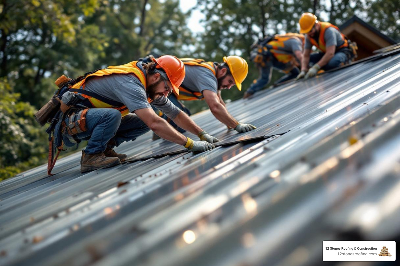 professional roofing crew from 12 Stones Roofing & Construction installing a metal roof panel in Pasadena - metal roofing Pasadena TX professional roofing crew from 12 Stones Roofing & Construction installing a metal roof panel in Pasadena - metal roofing Pasadena TX