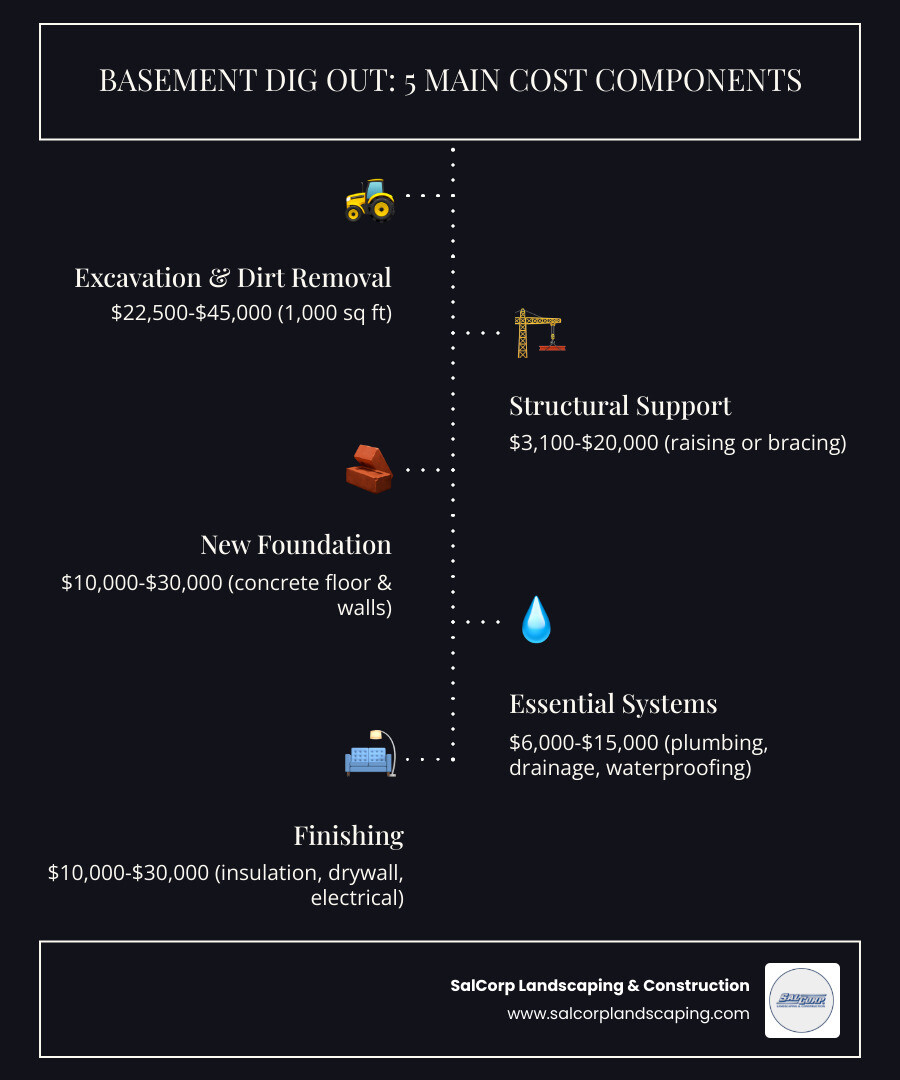 Infographic showing the five main cost components of basement dig out: 1) Excavation and Dirt Removal ($22,500-$45,000 for 1,000 sq ft), 2) Structural Support - raising or bracing ($3,100-$20,000), 3) Foundation - concrete floor and walls ($10,000-$30,000), 4) Essential Systems - plumbing, drainage, waterproofing ($6,000-$15,000), and 5) Finishing - insulation, drywall, electrical ($10,000-$30,000) - basement dig out cost infographic infographic-line-5-steps-dark Infographic showing the five main cost components of basement dig out: 1) Excavation and Dirt Removal ($22,500-$45,000 for 1,000 sq ft), 2) Structural Support - raising or bracing ($3,100-$20,000), 3) Foundation - concrete floor and walls ($10,000-$30,000), 4) Essential Systems - plumbing, drainage, waterproofing ($6,000-$15,000), and 5) Finishing - insulation, drywall, electrical ($10,000-$30,000) - basement dig out cost infographic infographic-line-5-steps-dark