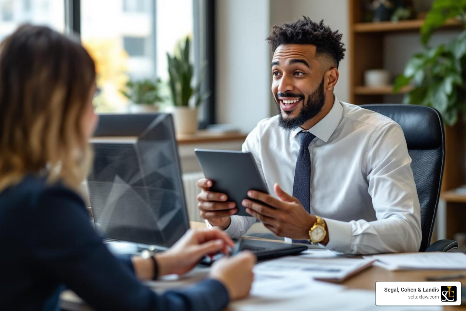 A tax attorney confidently speaking with a client in an office - irs tax lawyer los angeles