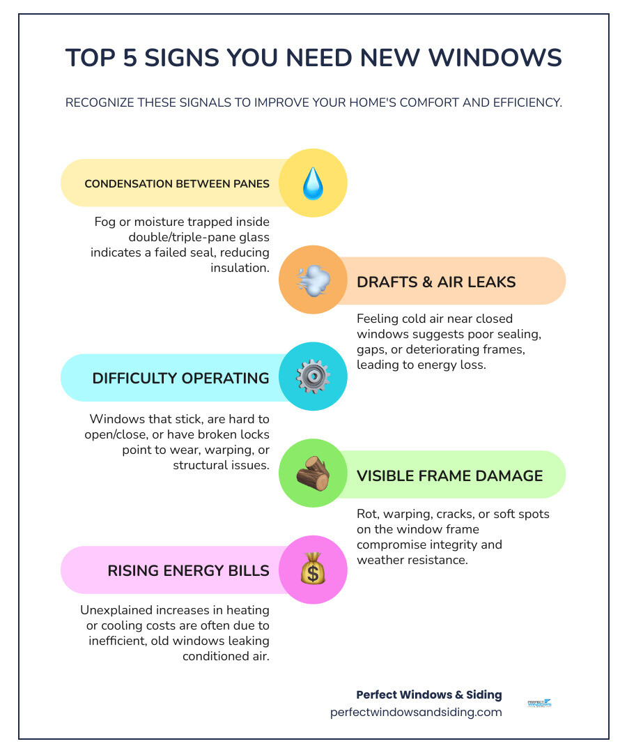Infographic showing the top 5 signs you need to replace a window: 1. Condensation or fog between glass panes indicating seal failure, 2. Drafts and cold air leaking around the frame, 3. Difficulty opening, closing, or locking windows, 4. Visible frame damage including rot, warping, or cracking, 5. Rising energy bills despite normal usage patterns - replace a window infographic infographic-line-5-steps-colors Infographic showing the top 5 signs you need to replace a window: 1. Condensation or fog between glass panes indicating seal failure, 2. Drafts and cold air leaking around the frame, 3. Difficulty opening, closing, or locking windows, 4. Visible frame damage including rot, warping, or cracking, 5. Rising energy bills despite normal usage patterns - replace a window infographic infographic-line-5-steps-colors