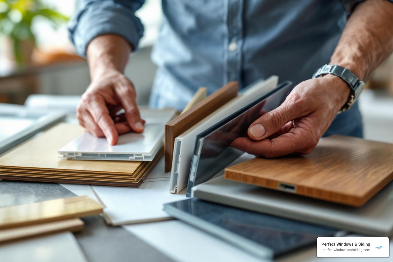 Person reviewing different window frame material samples - replace a window Person reviewing different window frame material samples - replace a window