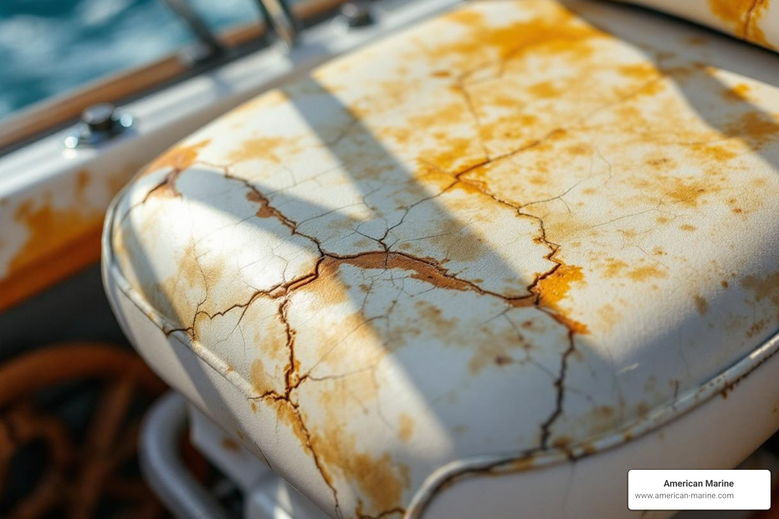 sun-damaged, cracked vinyl on a boat seat - South Florida upholstery