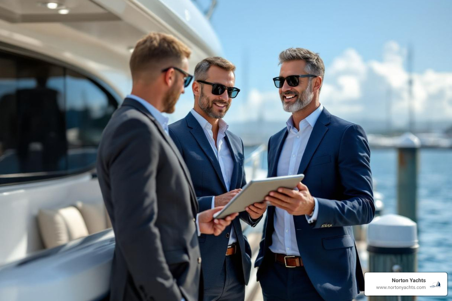 Norton Yachts broker consulting with clients on a dock - yacht brokerage service