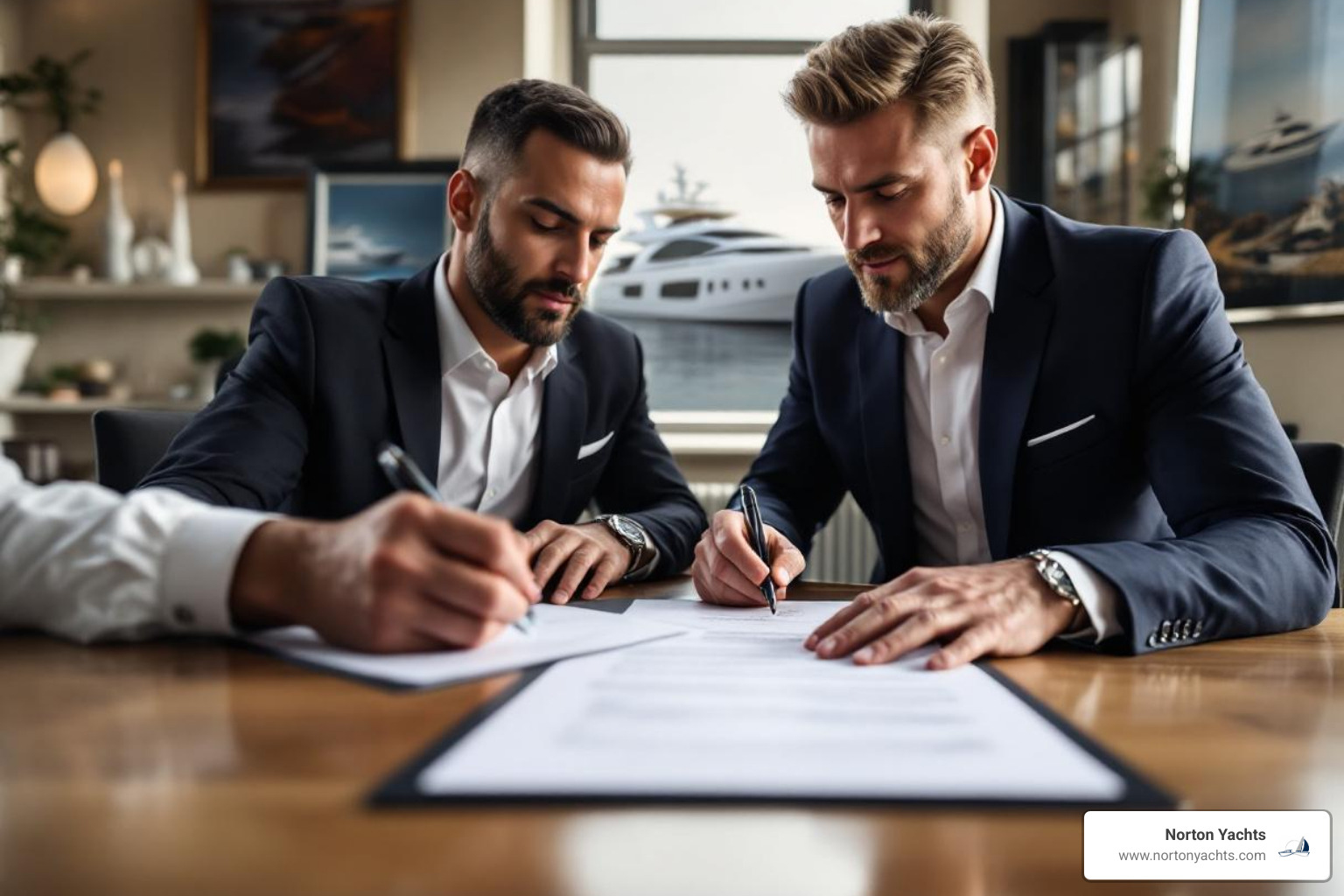 contract being signed for a yacht sale - yacht brokerage service
