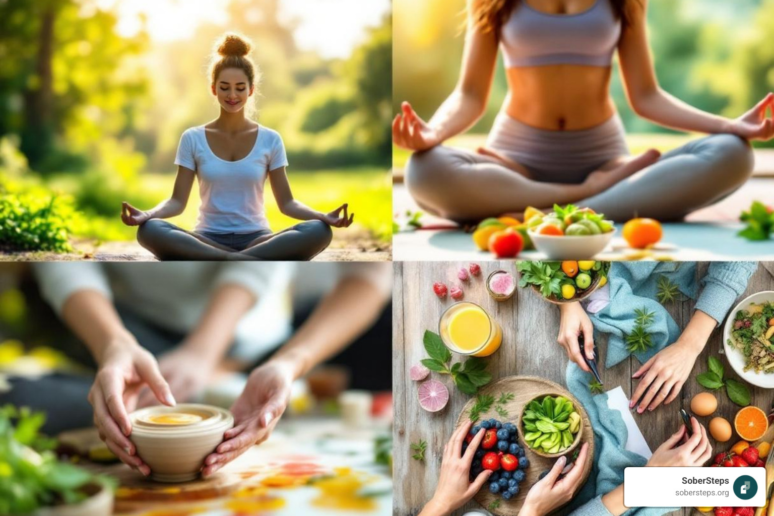 Collage showing various holistic activities: a person meditating in nature, someone doing yoga, hands engaged in art therapy, and healthy foods being prepared - holistic addiction treatment Collage showing various holistic activities: a person meditating in nature, someone doing yoga, hands engaged in art therapy, and healthy foods being prepared - holistic addiction treatment