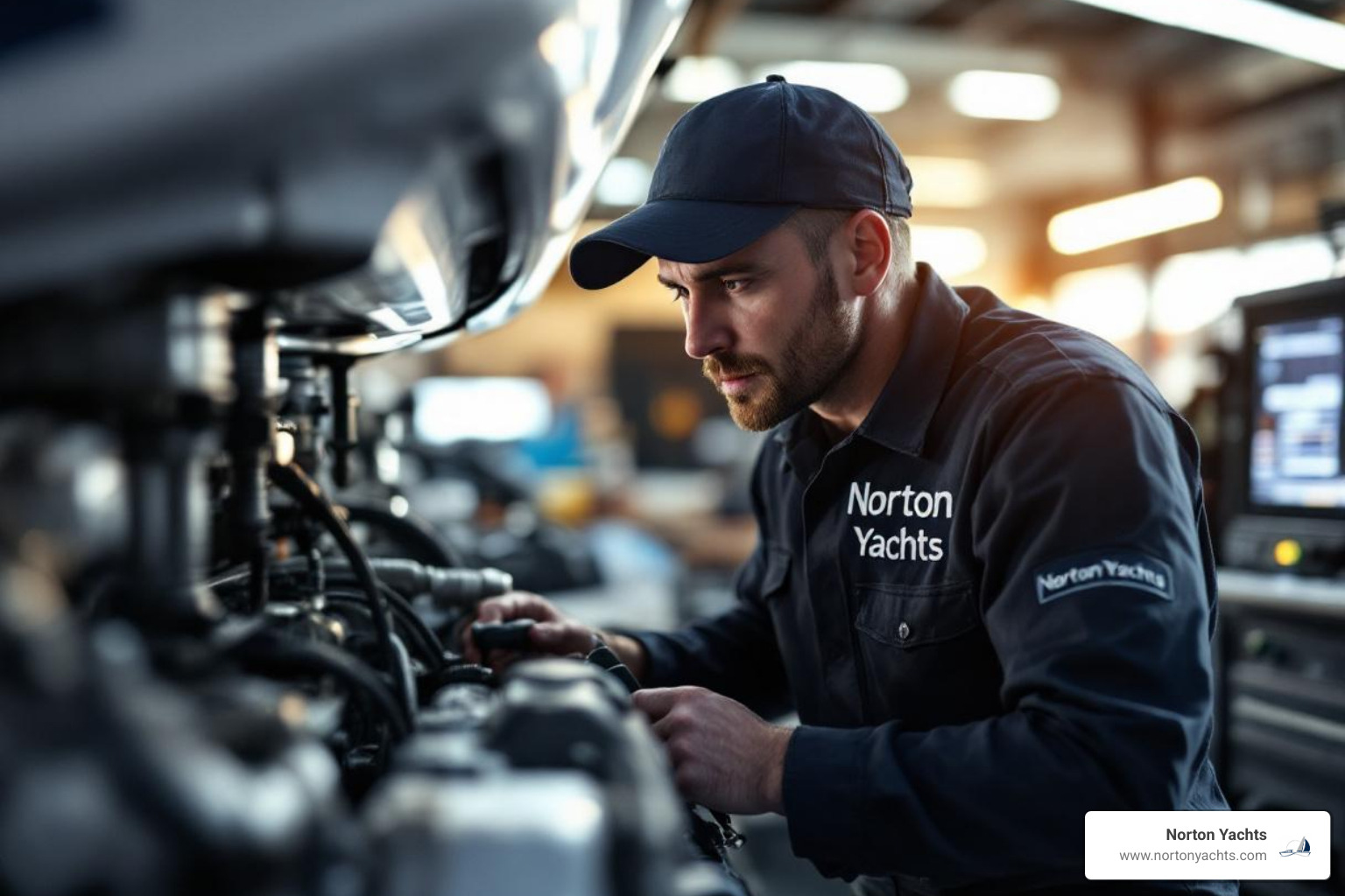 A Norton Yachts technician inspecting a boat engine - boat repair Virginia A Norton Yachts technician inspecting a boat engine - boat repair Virginia