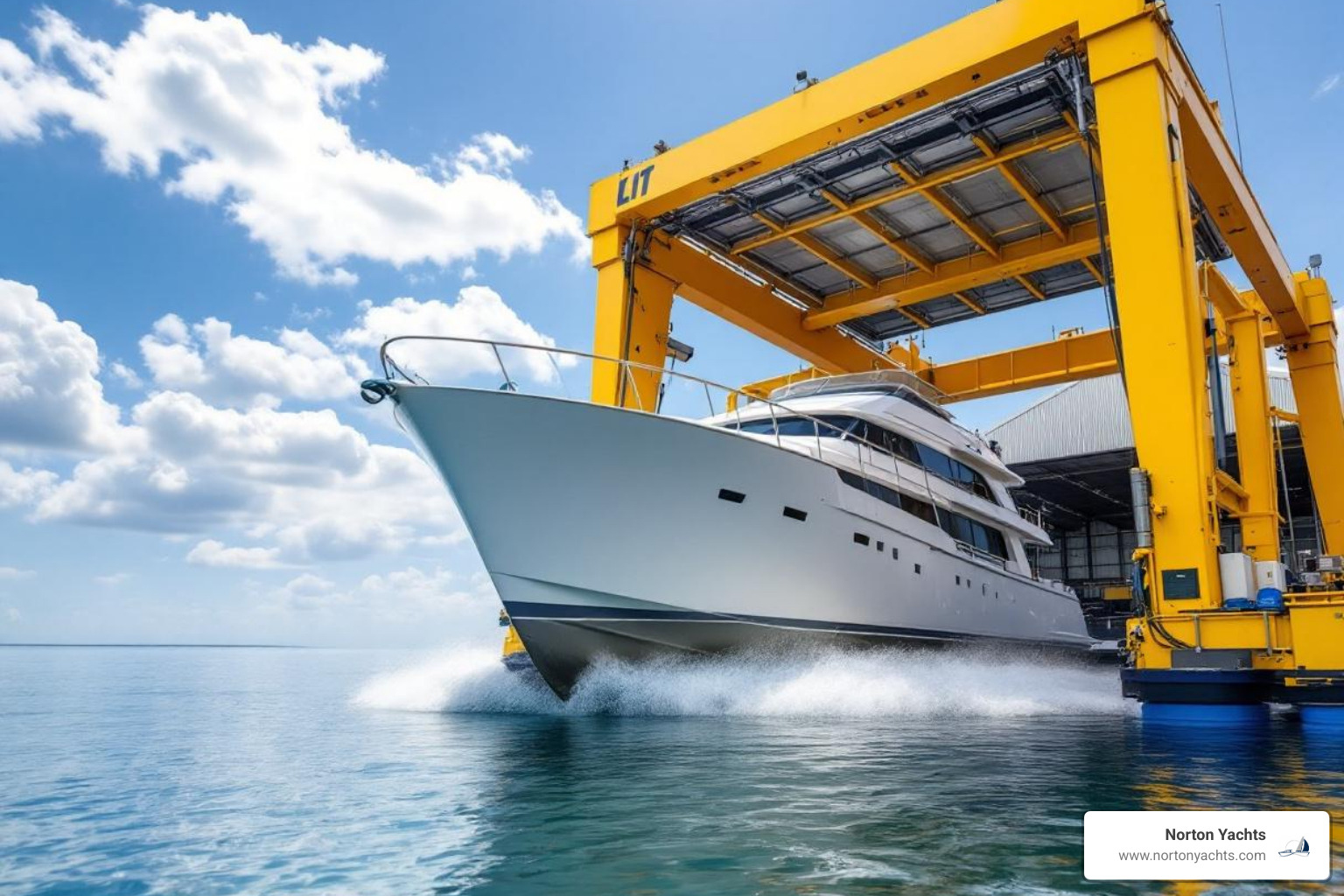A boat being hauled out by a large Travel Lift at Norton Yachts - boat repair Virginia A boat being hauled out by a large Travel Lift at Norton Yachts - boat repair Virginia