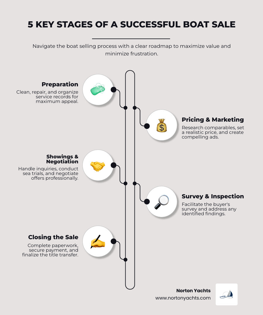 Infographic showing the 5 key stages of selling a boat: Stage 1 - Preparation (clean, repair, gather…