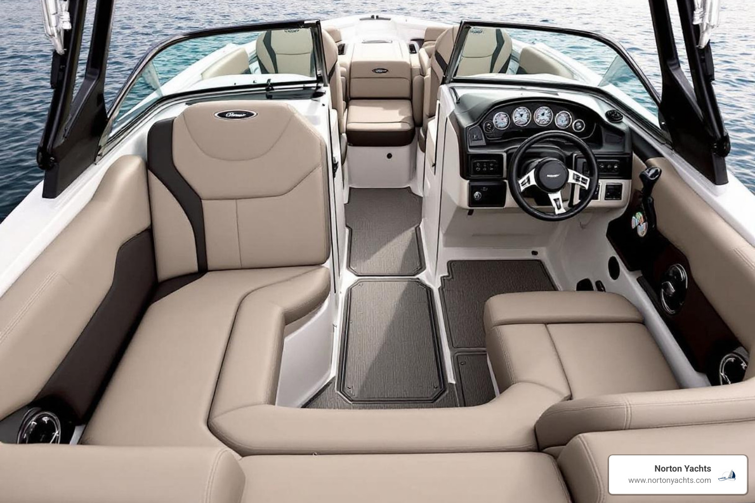 Image of the interior, highlighting the U-Lounge and helm - bennington l series bowrider