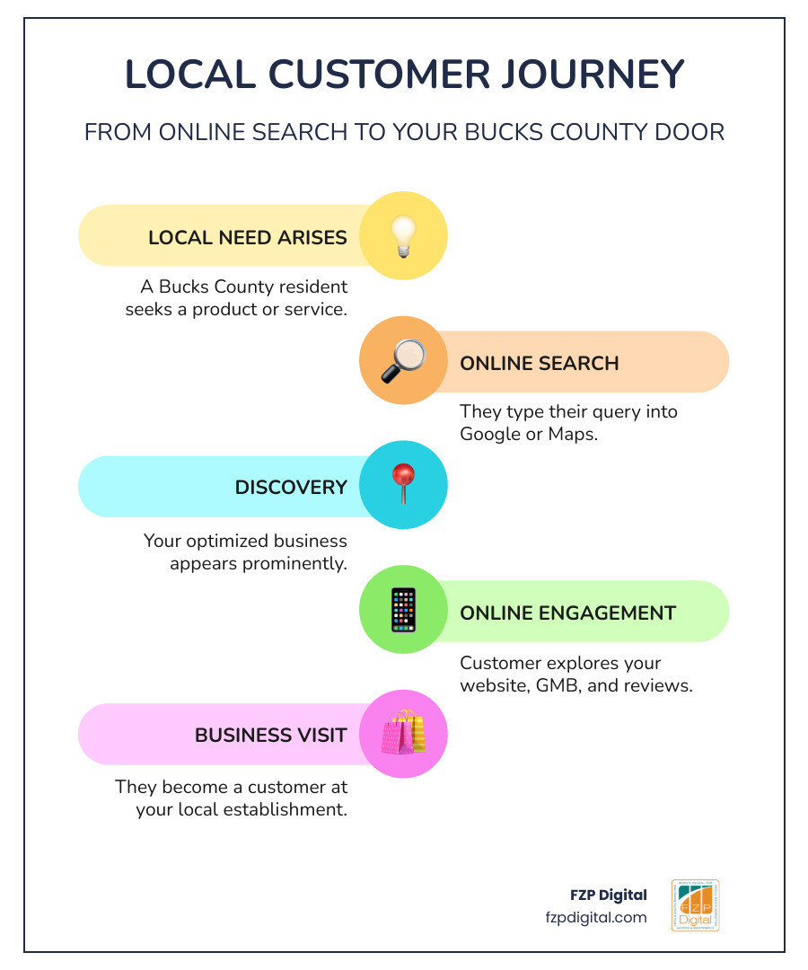Infographic showing the customer journey from Google search to business visit in Bucks County - seo bucks infographic infographic-line-5-steps-colors Infographic showing the customer journey from Google search to business visit in Bucks County - seo bucks infographic infographic-line-5-steps-colors