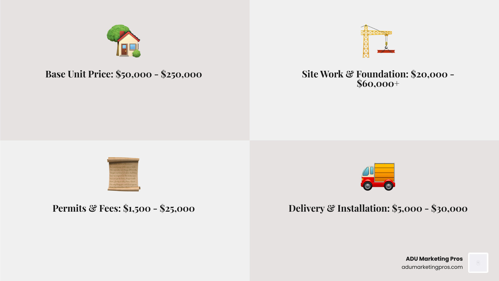 Infographic breaking down the total pre-built ADU cost into four main categories: Unit Price ($50k-$250k), Site Work ($20k-$60k+), Permits and Fees ($1.5k-$25k), and Delivery and Installation ($5k-$30k), with a total range of $100k-$400k+ displayed prominently - Pre-built ADU cost infographic 4_facts_emoji_grey