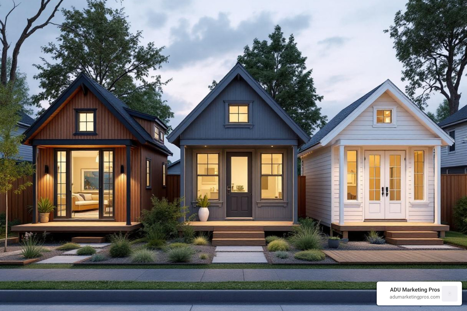 Three different ADUs side-by-side, labeled "Budget," "Mid-Range," and "Luxury" to illustrate different styles and finishes. - Pre-built ADU cost