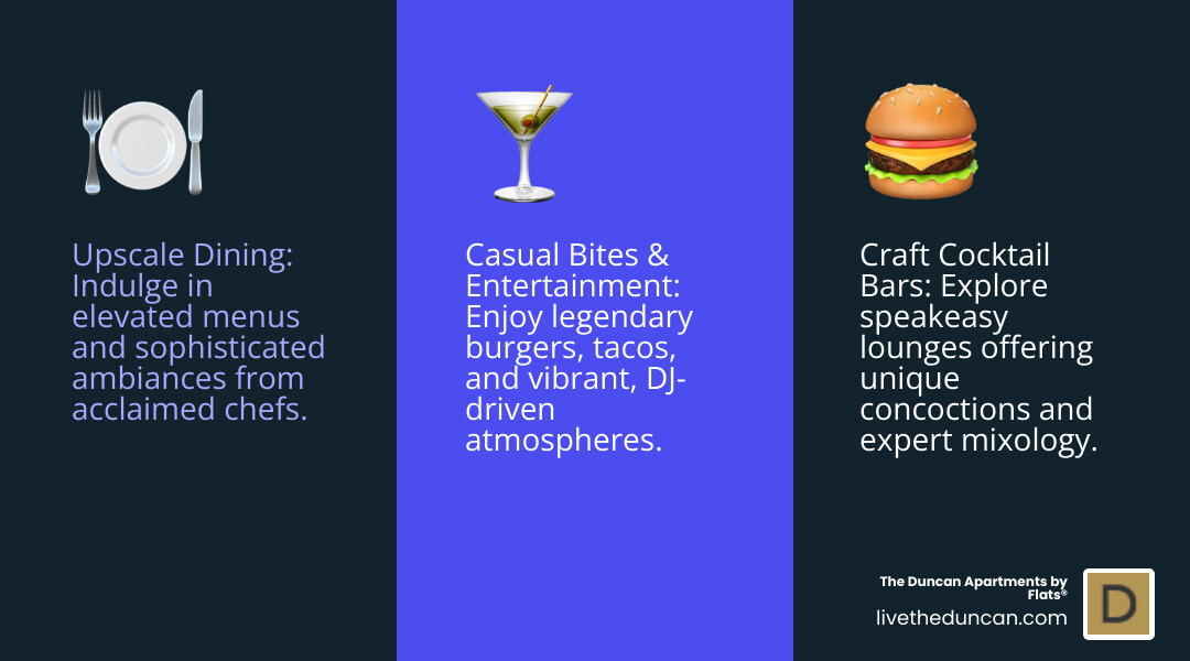 Infographic showing late-night West Loop categories: Upscale Dining with craft cocktails and elevated menus, Craft Cocktail Bars with speakeasy vibes and DJ sets, Casual Bites including legendary burgers and tacos, and Entertainment featuring live DJs and sports parlor atmospheres - Late night West Loop infographic 3_facts_emoji_blue