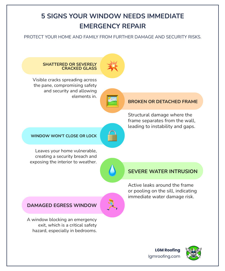 infographic showing 5 signs a window needs immediate emergency attention: shattered glass with visible cracks spreading across the pane, broken frame with wood or vinyl separation from the wall, window that won't close or lock properly leaving a security gap, water actively leaking around the frame or pooling on the sill, and damage to a bedroom egress window that blocks emergency exit - emergency window remodeling in jersey city, nj infographic infographic-line-5-steps-colors 5 signs your window needs immediate emergency repair, including shattered glass, broken frame, window won't close or lock, severe water intrusion, and damaged egress window, with LGM Roofing branding.