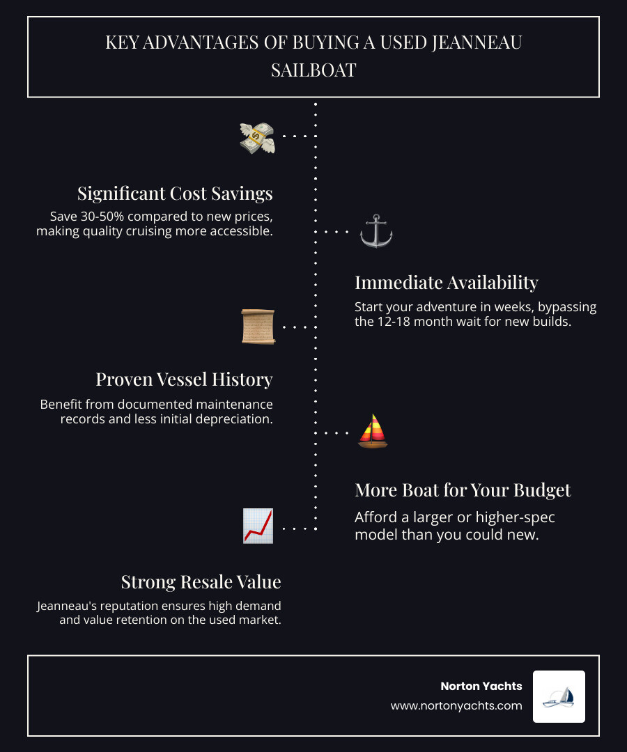 Infographic showing the key advantages of buying a used Jeanneau sailboat: 30-50% cost savings compa…
