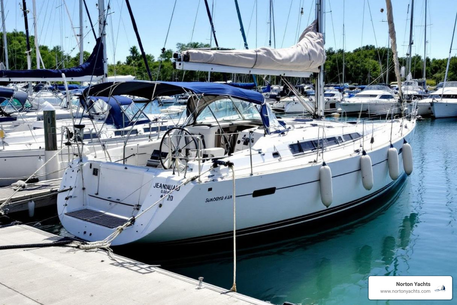 a pristine used Jeanneau Sun Odyssey 410 at a dock - used jeanneau sailboats