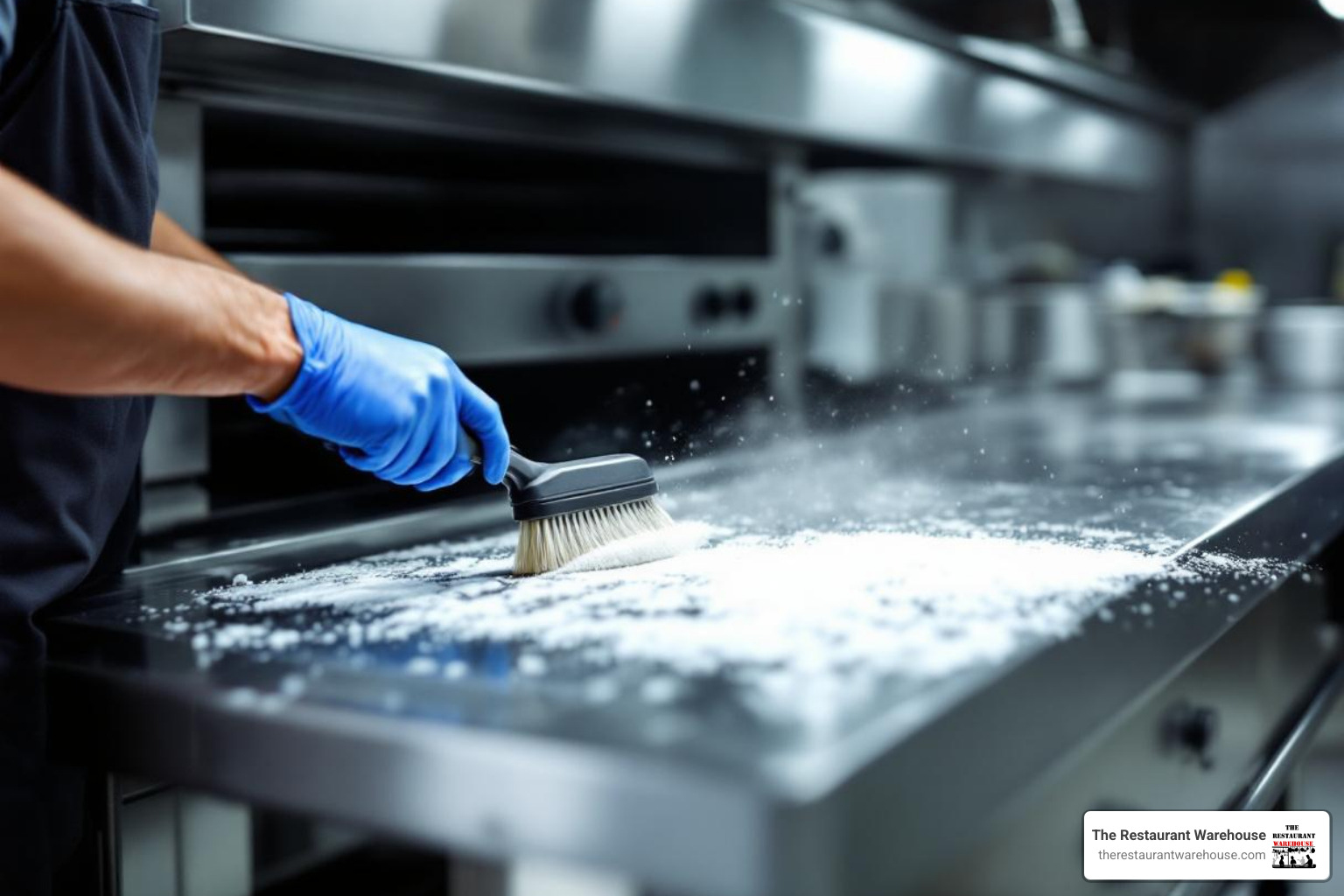 technician using a brush to clean the condenser coils on the side of a pizza prep table - pizza prep fridge for sale