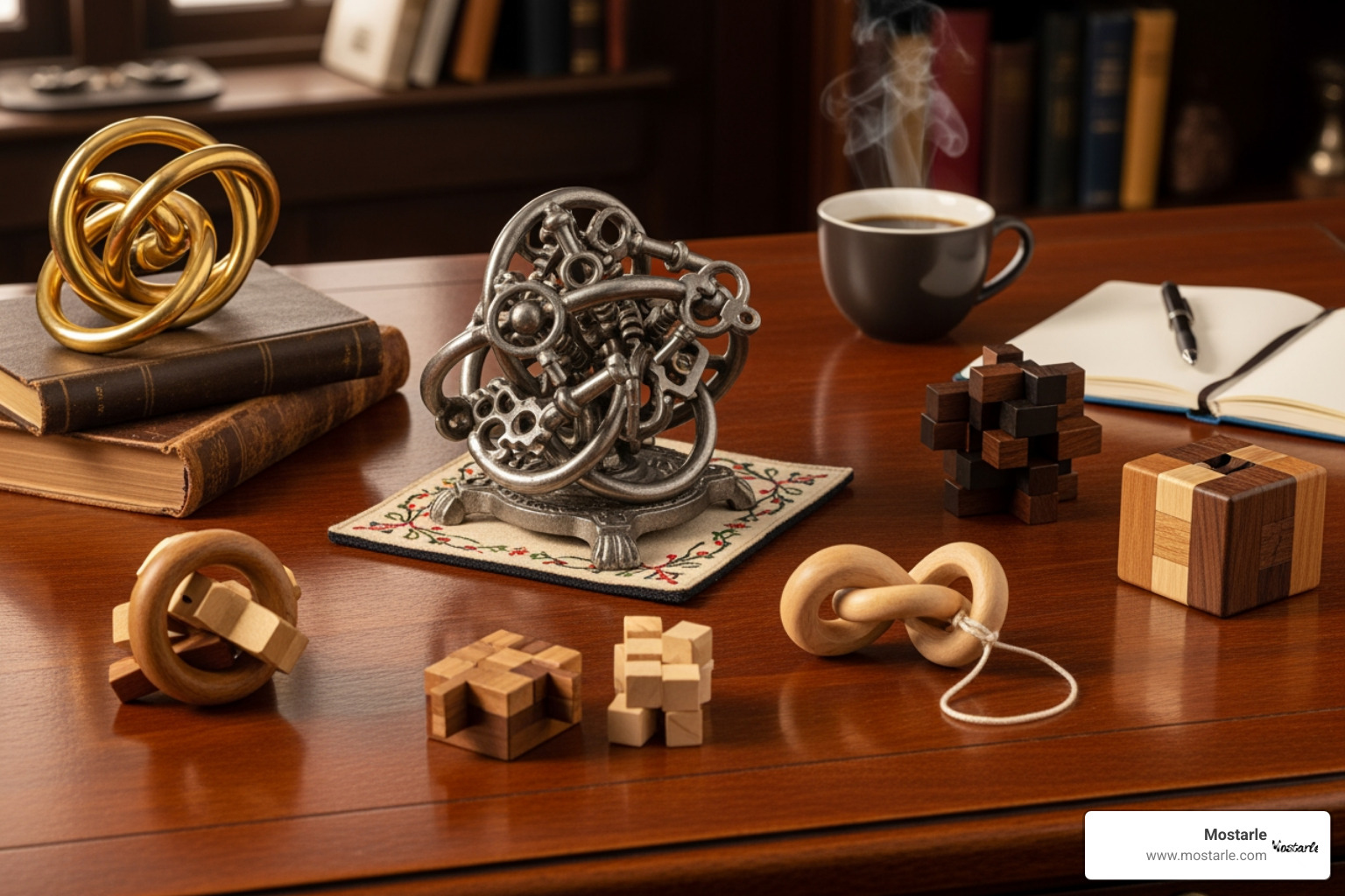 A collection of intricate metal and wooden puzzles on a desk - Brain stimulating puzzles A collection of intricate metal and wooden puzzles on a desk - Brain stimulating puzzles