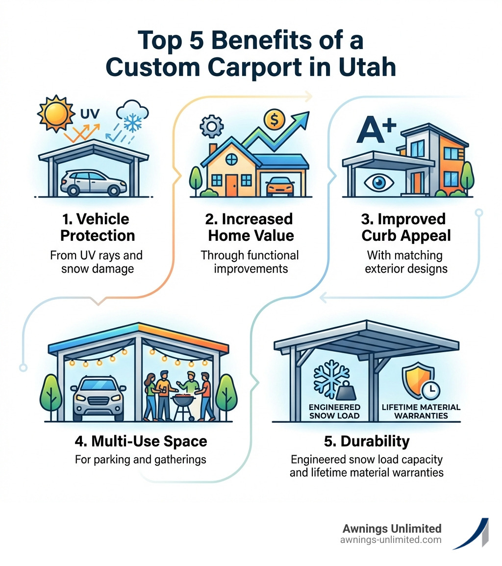 Infographic showing the top 5 benefits of a custom carport in Utah: Vehicle Protection from UV rays and snow damage, Increased Home Value through functional improvements, Improved Curb Appeal with matching exterior designs, Multi-Use Space for parking and gatherings, and Durability with engineered snow load capacity and lifetime material warranties - Custom Carports Utah infographic Infographic showing the top 5 benefits of a custom carport in Utah: Vehicle Protection from UV rays and snow damage, Increased Home Value through functional improvements, Improved Curb Appeal with matching exterior designs, Multi-Use Space for parking and gatherings, and Durability with engineered snow load capacity and lifetime material warranties - Custom Carports Utah infographic