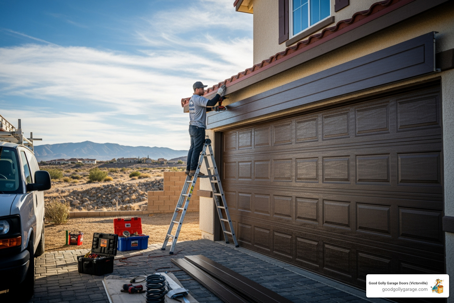Infographic showing the top 3 benefits of new garage door installation: Improved Security with modern locks and reinforced panels that deter break-ins; Improved Energy Efficiency through insulated doors that reduce heat transfer and lower cooling costs; and Increased Property Value through curb appeal upgrades - Garage Door Installation in Adelanto CA