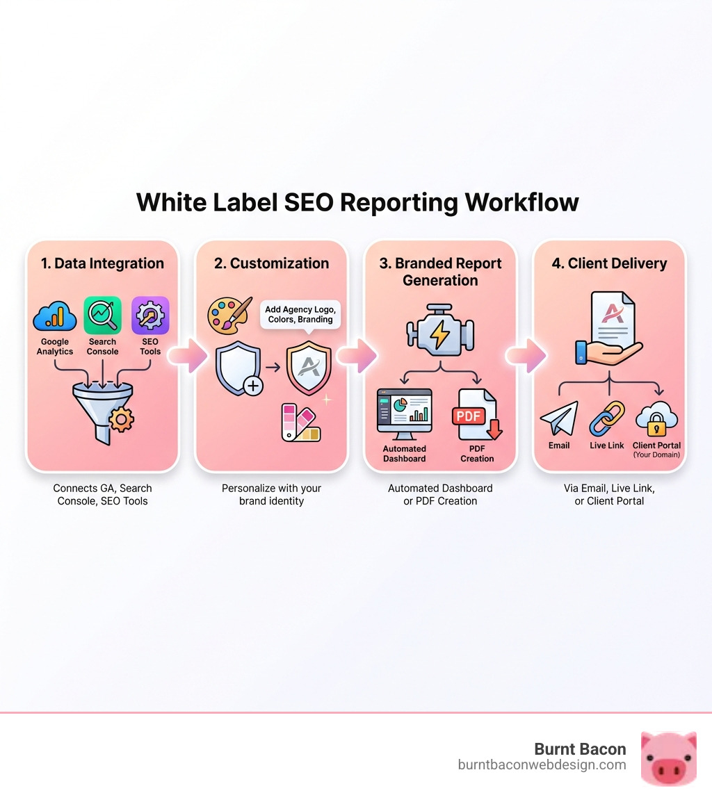 Infographic showing the white label reporting workflow: Step 1 - Data Integration (connecting Google Analytics, Search Console, and SEO tools), Step 2 - Customization (adding your agency logo, colors, and branding), Step 3 - Branded Report Generation (automated dashboard or PDF creation), Step 4 - Client Delivery (via email, live link, or client portal under your domain) - best white label seo reports infographic Infographic showing the white label reporting workflow: Step 1 - Data Integration (connecting Google Analytics, Search Console, and SEO tools), Step 2 - Customization (adding your agency logo, colors, and branding), Step 3 - Branded Report Generation (automated dashboard or PDF creation), Step 4 - Client Delivery (via email, live link, or client portal under your domain) - best white label seo reports infographic