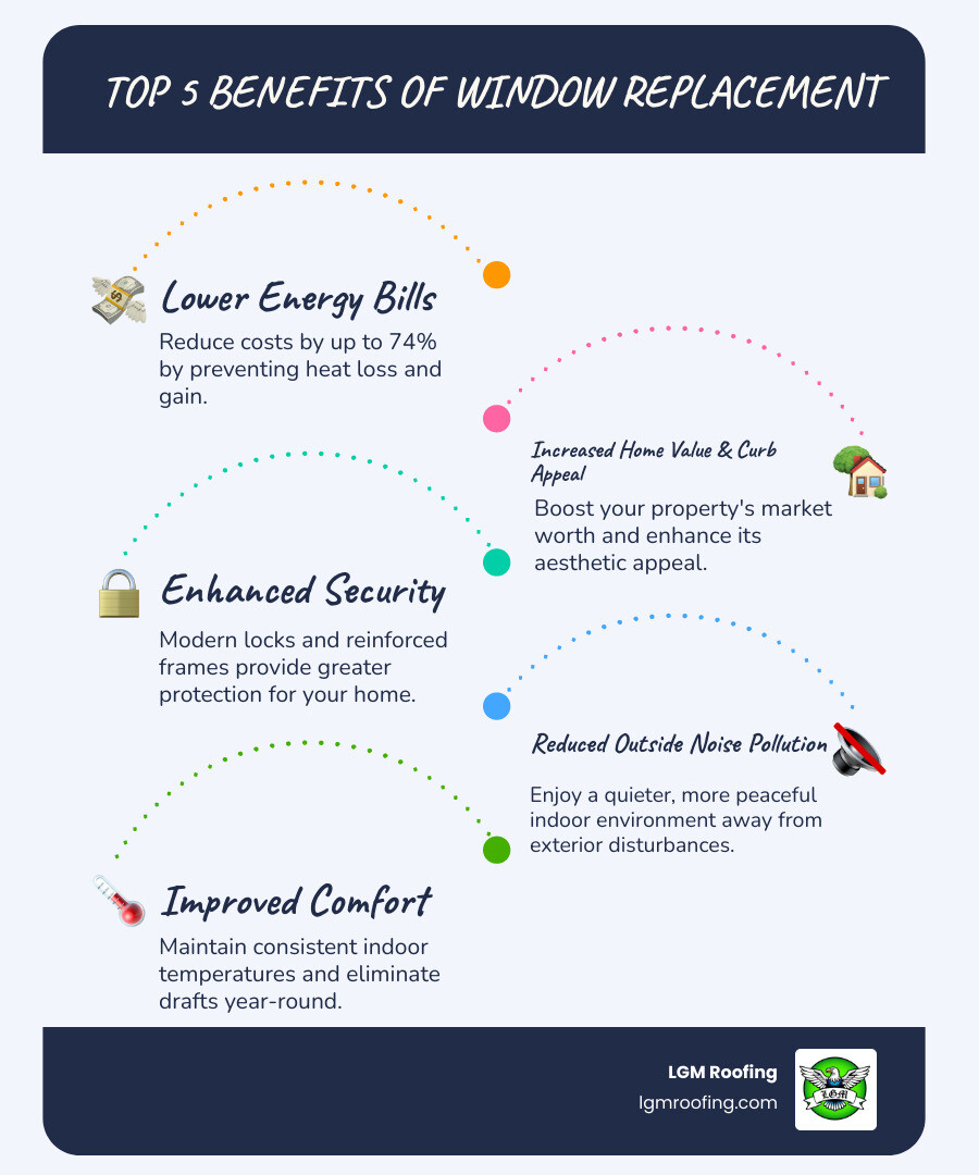 infographic showing the top 5 benefits of window replacement: 1. Lower energy bills, 2. Increased home value and curb appeal, 3. Enhanced security with modern locks and reinforced frames, 4. Reduced outside noise pollution, 5. Improved comfort with consistent indoor temperatures - best window remodeling in montclair, nj infographic infographic-line-5-steps-blues-accent_colors Top 5 benefits of window replacement infographic highlighting lower energy bills, increased home value and curb appeal, enhanced security, improved comfort, and reduced outside noise pollution, featuring LGM Roofing branding.
