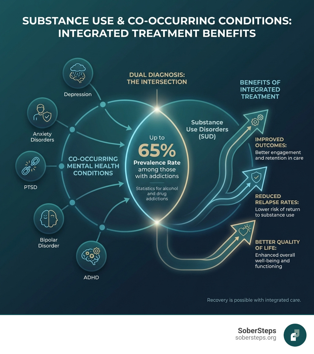 Detailed infographic showing the intersection of substance use disorders and common co-occurring mental health conditions including depression, anxiety disorders, PTSD, bipolar disorder, and ADHD, with statistics on prevalence rates and the benefits of integrated treatment including improved outcomes, reduced relapse rates, and better quality of life - substance use disorder treatment for people with co occurring disorders infographic Detailed infographic showing the intersection of substance use disorders and common co-occurring mental health conditions including depression, anxiety disorders, PTSD, bipolar disorder, and ADHD, with statistics on prevalence rates and the benefits of integrated treatment including improved outcomes, reduced relapse rates, and better quality of life - substance use disorder treatment for people with co occurring disorders infographic