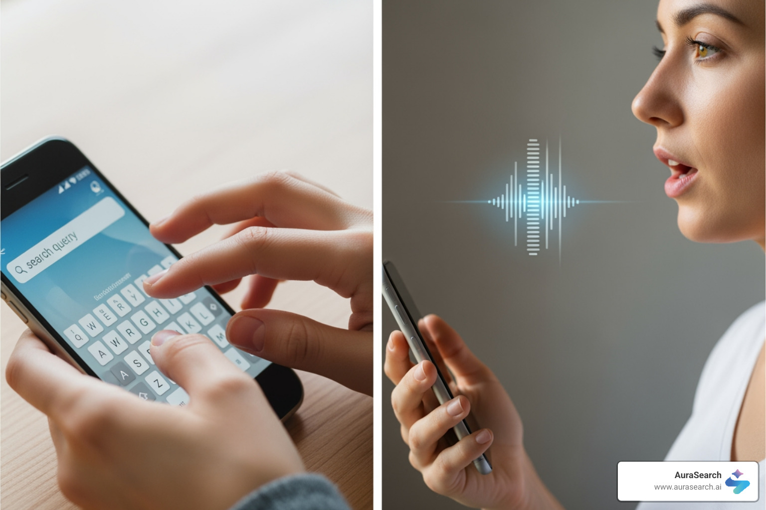 comparing a smartphone with a typed query to a person speaking a voice query - ai and voice search optimization