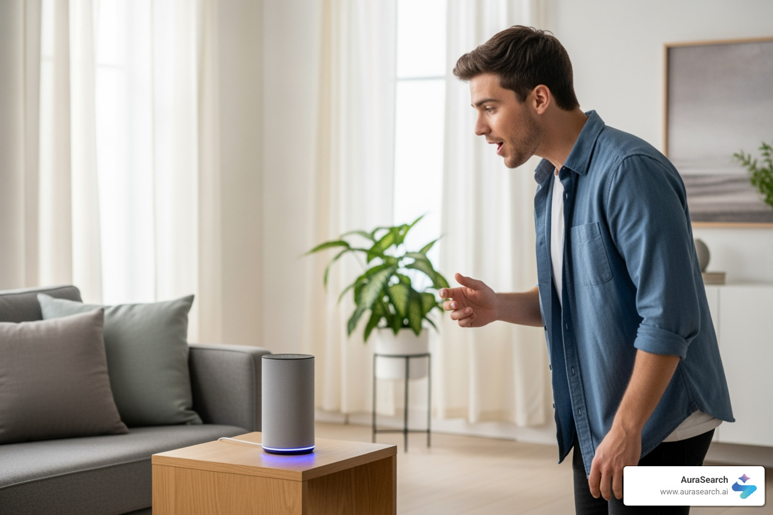 person using smart speaker - ai and voice search optimization