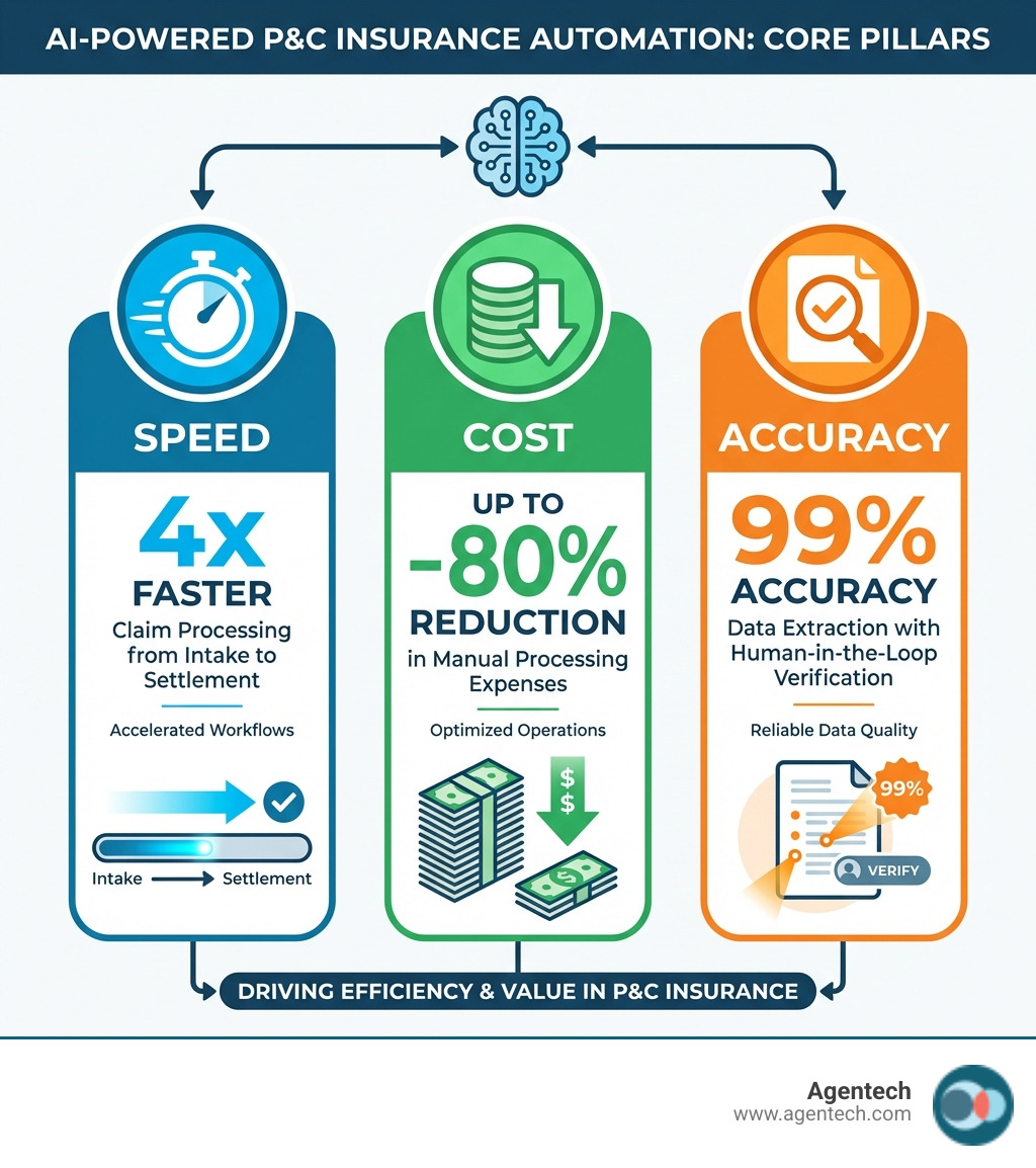 Infographic showing three core pillars of AI in P&C insurance: Speed (4x faster claim processing from intake to settlement), Cost (up to 80% reduction in manual processing expenses), and Accuracy (99% data extraction accuracy with human-in-the-loop verification) - AI-powered insurance automation infographic