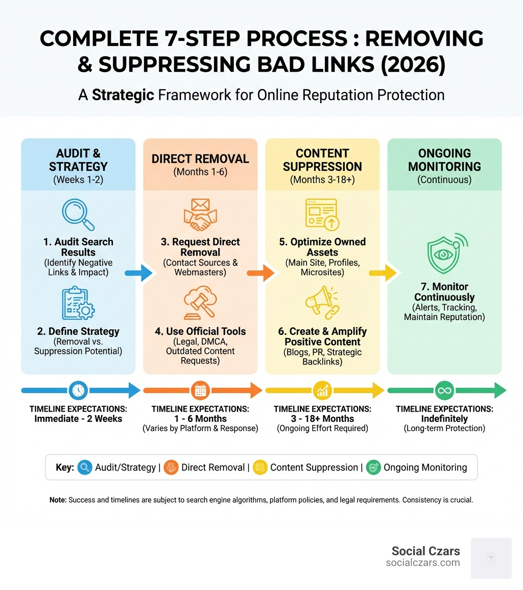 infographic showing the complete 7-step process for removing and suppressing bad links, including audit phase, direct removal strategies, content suppression tactics, and ongoing monitoring with timeline expectations for each phase - How to Remove and Suppress Bad Links on Google infographic 