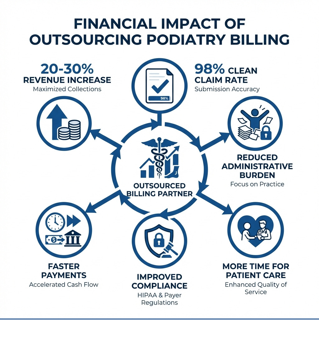 infographic showing the financial impact of outsourcing medical billing: 20-30% revenue increase, 98% clean claim rate, reduced administrative burden, faster payments, improved compliance, and more time for patient care - medical billing company infographic 