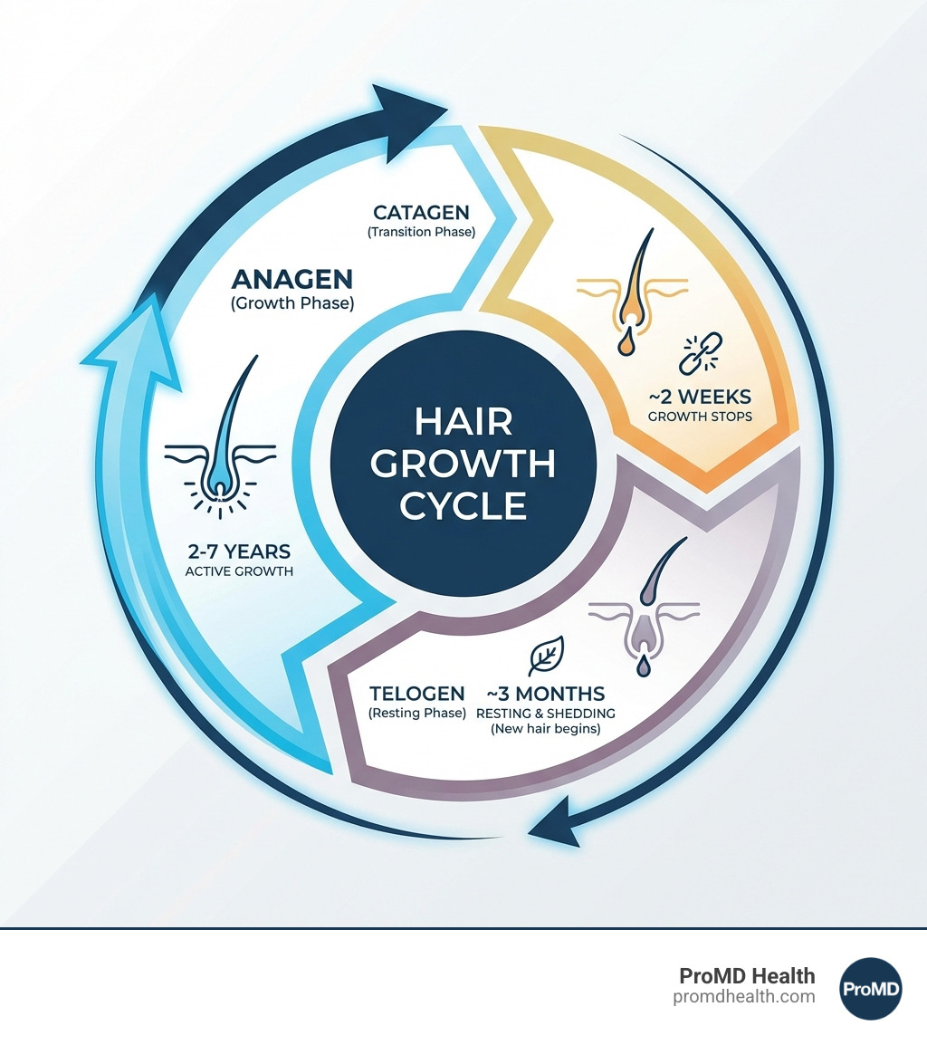 infographic showing the three phases of hair growth cycle: Anagen growth phase lasting 2-7 years where hair actively grows, Catagen transition phase lasting about 2 weeks where growth stops, and Telogen resting phase lasting around 3 months where hair sheds naturally and new hair begins - Hair loss therapy infographic infographic showing the three phases of hair growth cycle: Anagen growth phase lasting 2-7 years where hair actively grows, Catagen transition phase lasting about 2 weeks where growth stops, and Telogen resting phase lasting around 3 months where hair sheds naturally and new hair begins - Hair loss therapy infographic