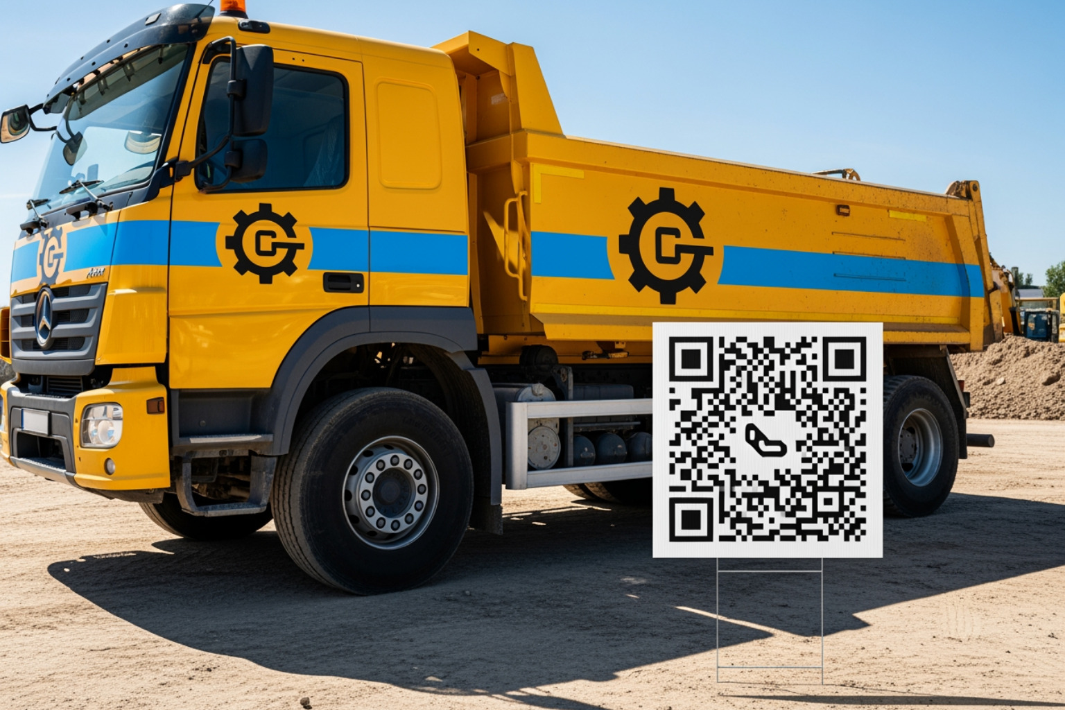 a branded construction truck and yard sign with a QR code - construction marketing