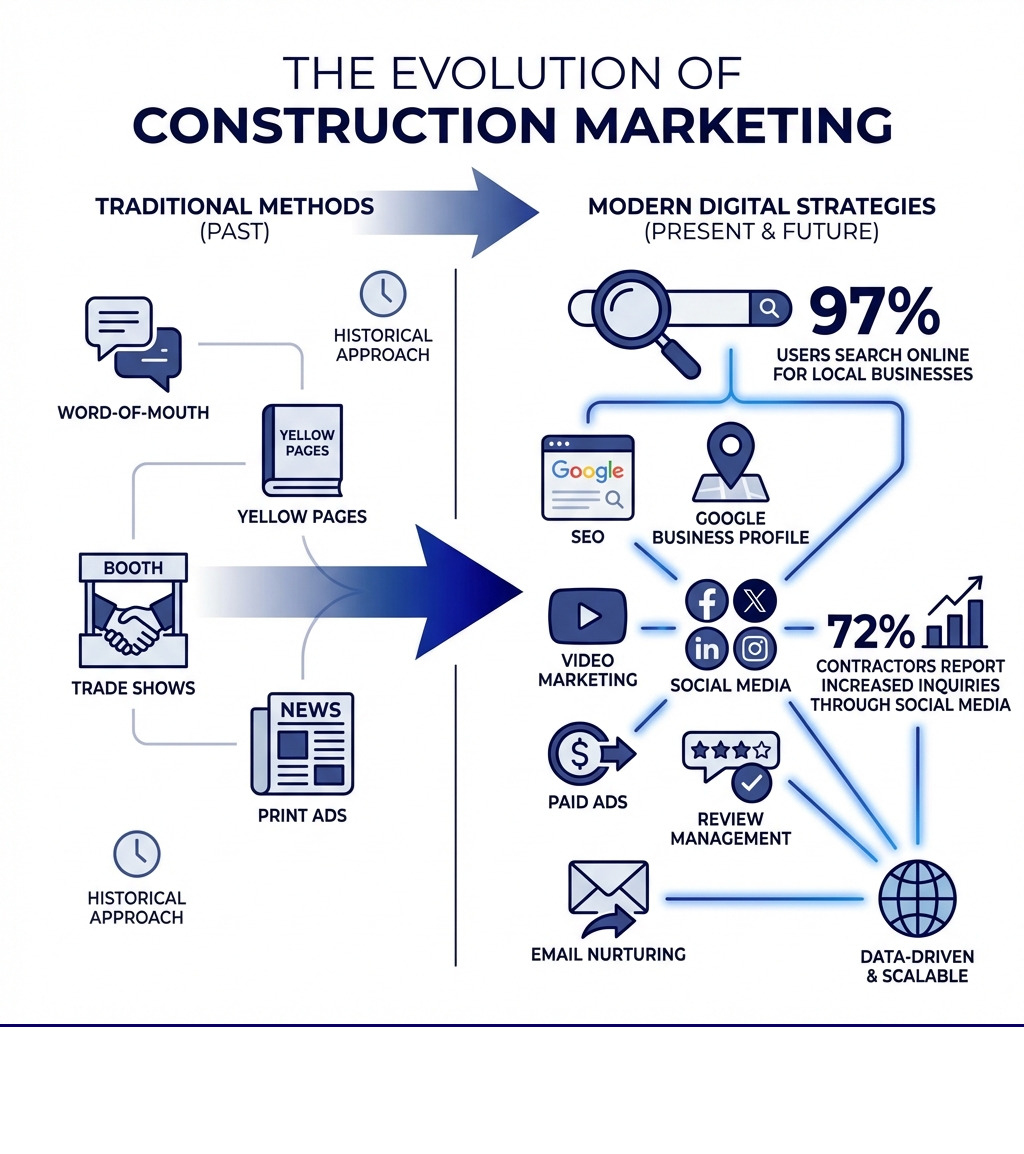 Infographic showing the evolution of construction marketing from traditional methods (word-of-mouth, yellow pages, trade shows, print ads) to modern digital strategies (SEO, Google Business Profile, social media, video marketing, paid ads, review management, email nurturing) with statistics showing 97% of users search online for local businesses and 72% of contractors report increased inquiries through social media - construction marketing infographic 