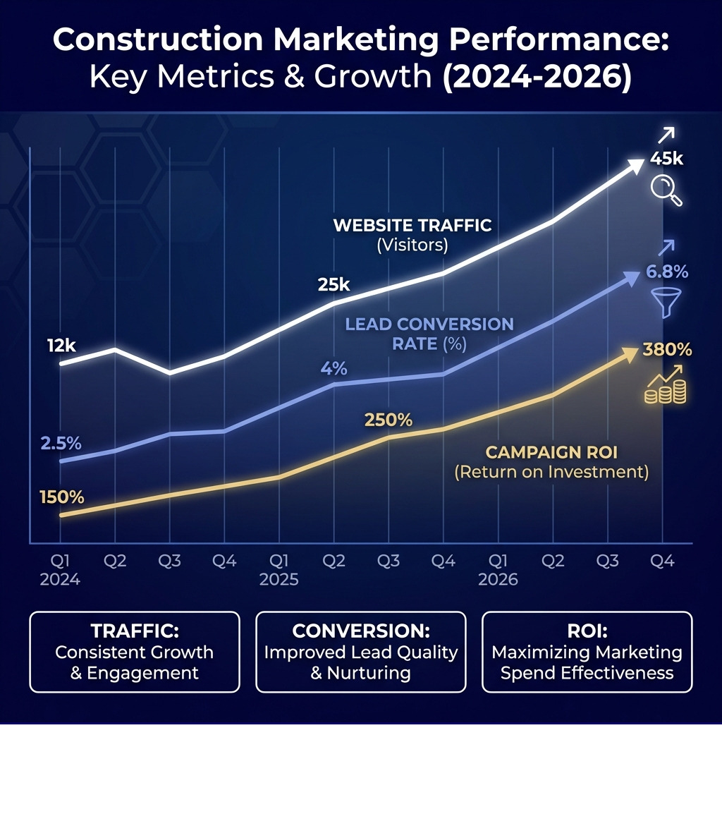 A chart showing key marketing metrics like website traffic, lead conversion rates, and campaign ROI over time - construction marketing infographic 