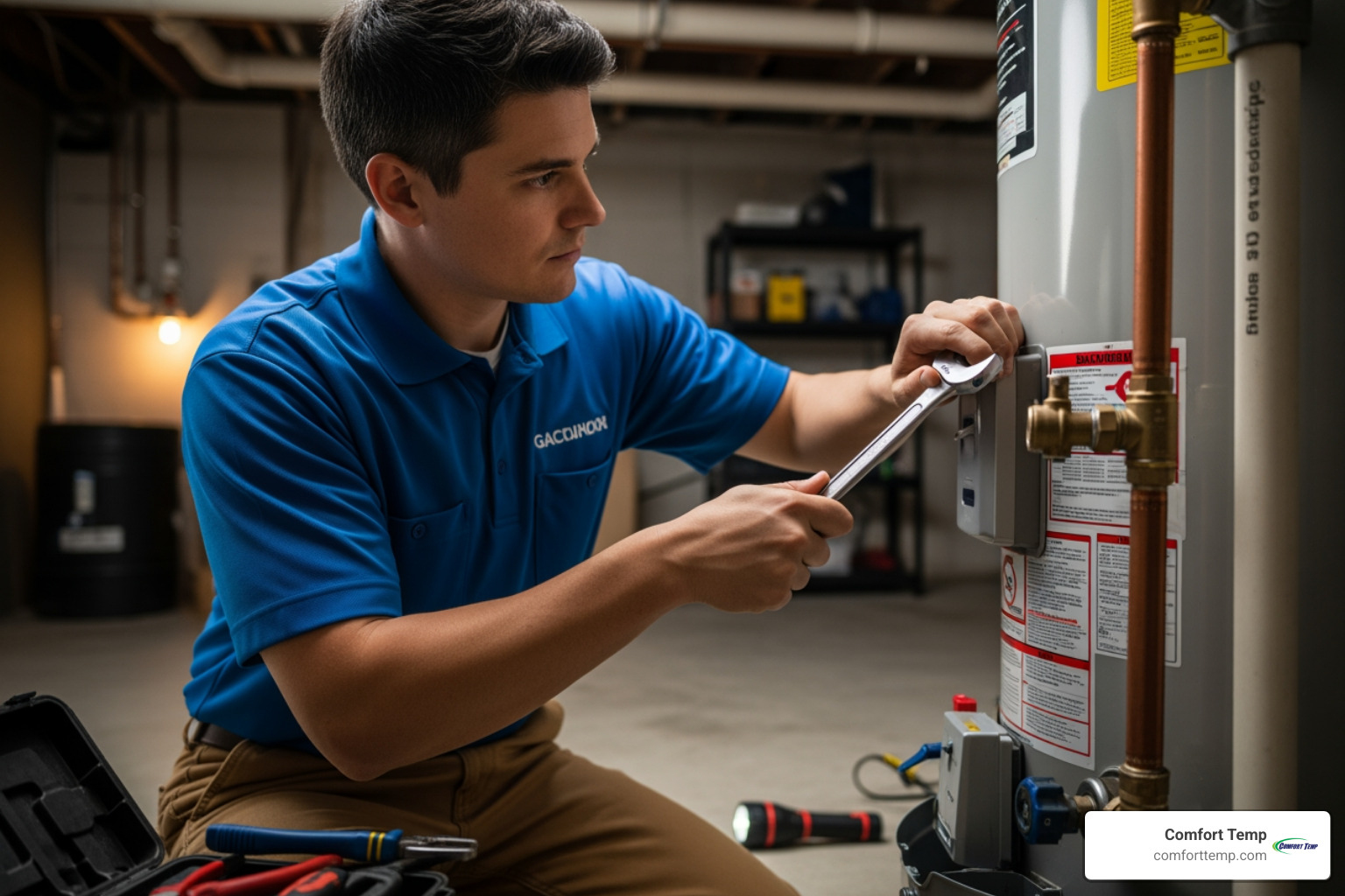 a professional technician in a blue uniform smiling next to a service van - water heater repair services in gainesville a professional technician in a blue uniform smiling next to a service van - water heater repair services in gainesville