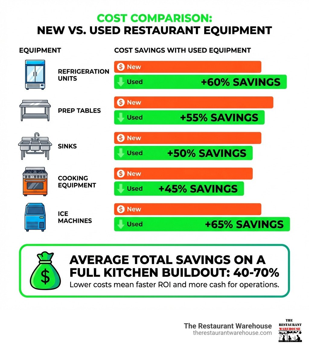 Infographic showing cost comparison between new and used restaurant equipment: refrigeration units (60% savings), prep tables (55% savings), sinks (50% savings), fryers and griddles (45% savings), and ice machines (65% savings), with average total savings of 40-70% on a full kitchen buildout - Used restaurant equipment Seattle infographic Infographic showing cost comparison between new and used restaurant equipment: refrigeration units (60% savings), prep tables (55% savings), sinks (50% savings), fryers and griddles (45% savings), and ice machines (65% savings), with average total savings of 40-70% on a full kitchen buildout - Used restaurant equipment Seattle infographic